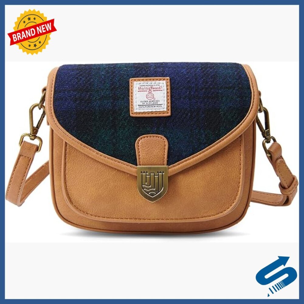 Mini Saddle Bag Crossbody with Adjustable Strap, Harris Tweed & Vegan Leather